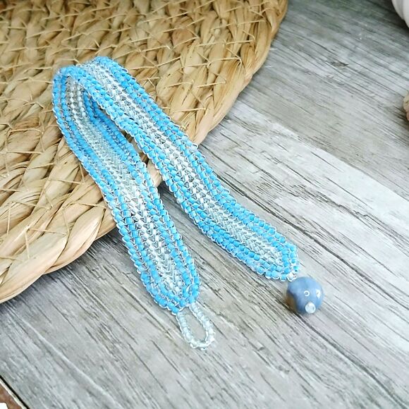 Boho Beaded Gemstone Bracelet, Blue Lace Agate Seed Bead Jewelry. 7" - Picture 8 of 11